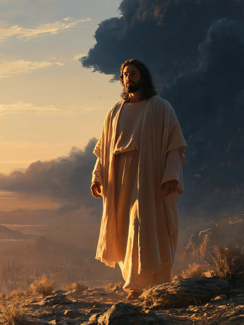 Jesus after his victory over temptation in the desert in Victory Over Temptation style, portrait Christian artwork no. 30