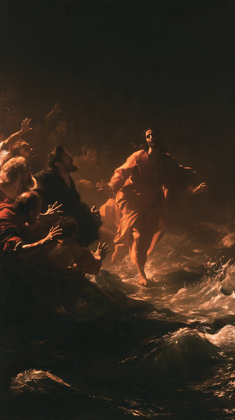 Jesus walking on water in Caravaggio Tenebrism style, portrait Christian artwork no. 23