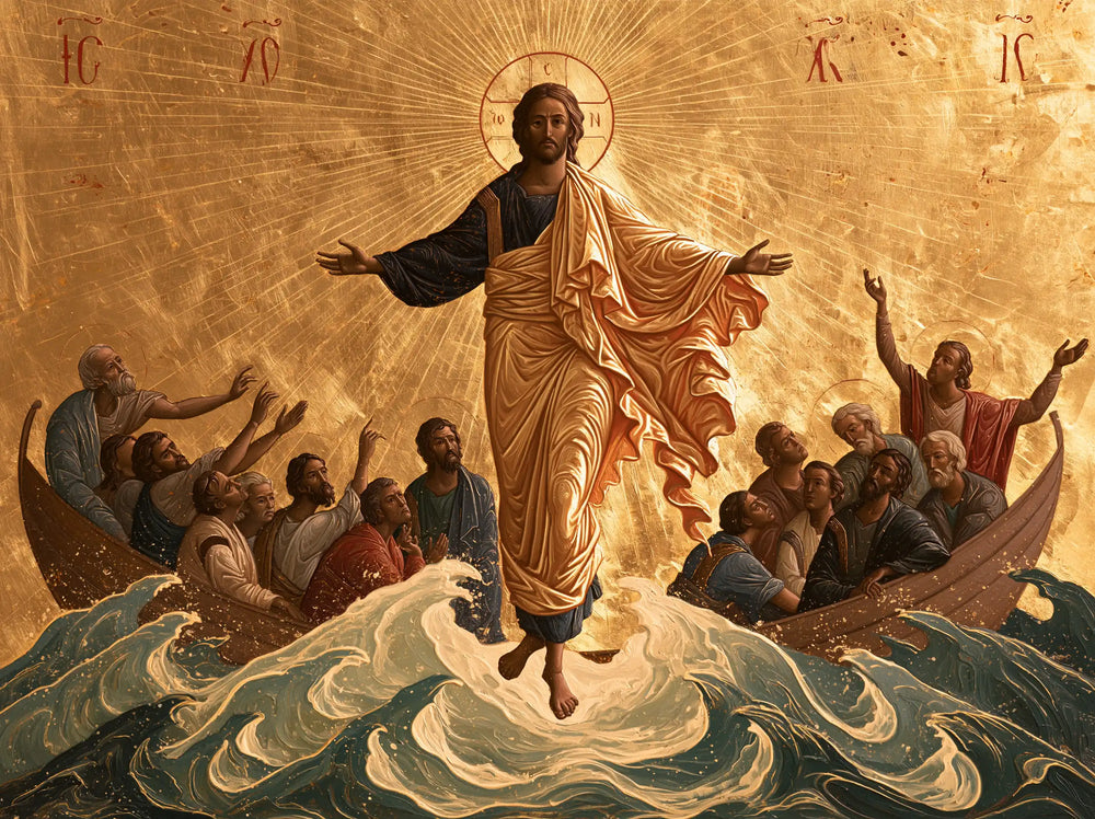 Jesus walking on water in Contemporary Byzantine style, landscape Christian artwork no. 4