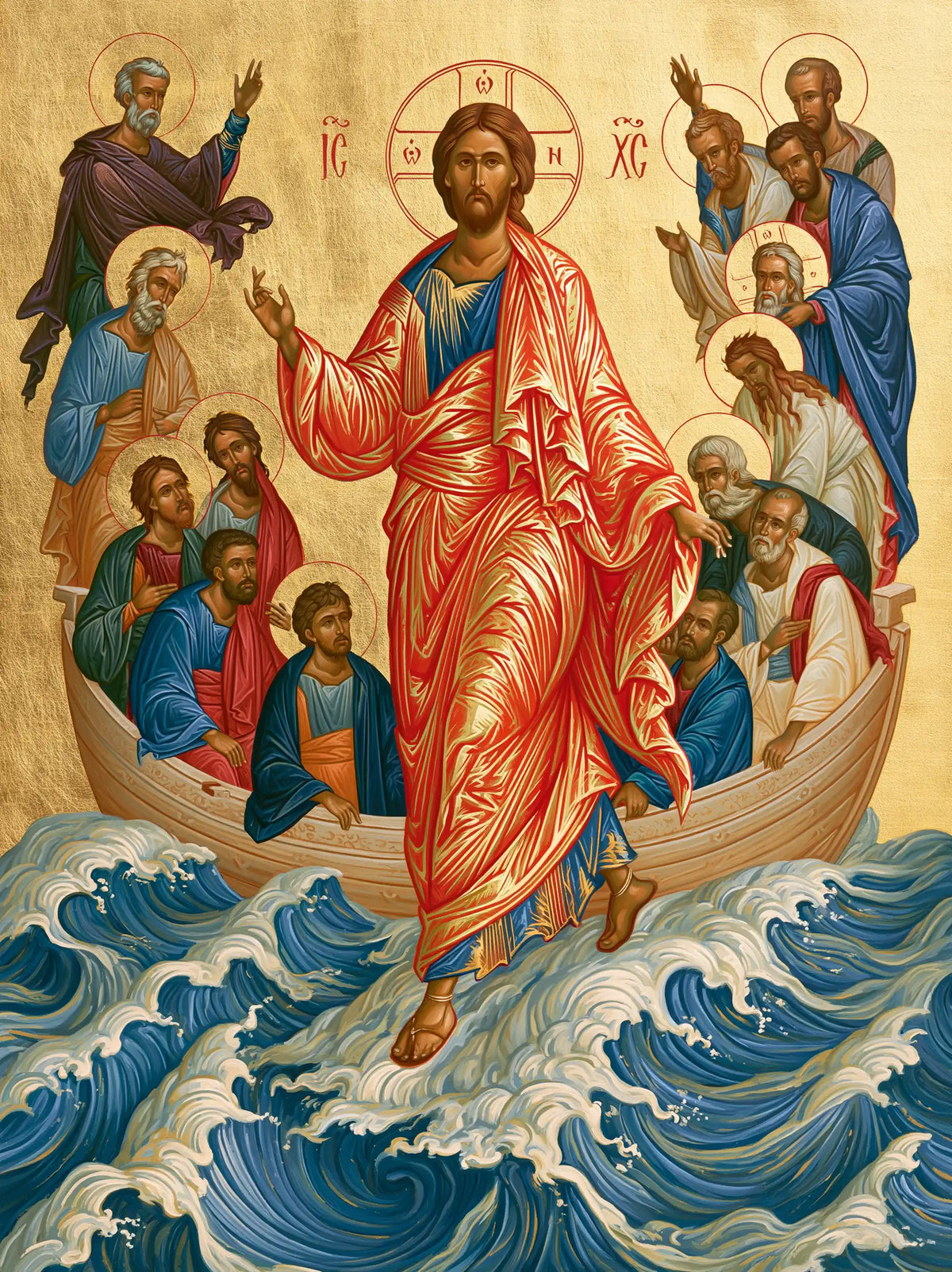 Jesus walking on water in Contemporary Byzantine style, portrait Christian artwork no. 23