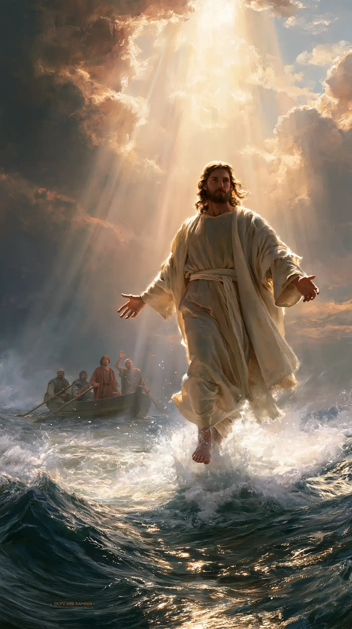 Jesus Walking on Water — The Step beneath the Rain of Light