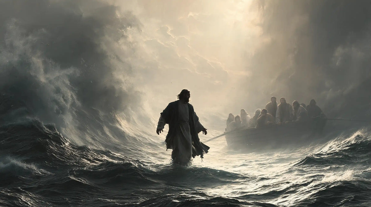 Jesus walking on water in Explosion of Movement style, landscape Christian artwork no. 15