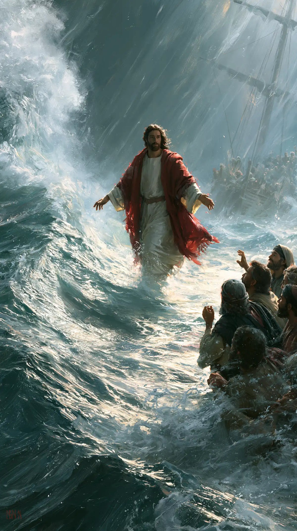 Jesus walking on water in Explosion of Movement style, portrait Christian artwork no. 1