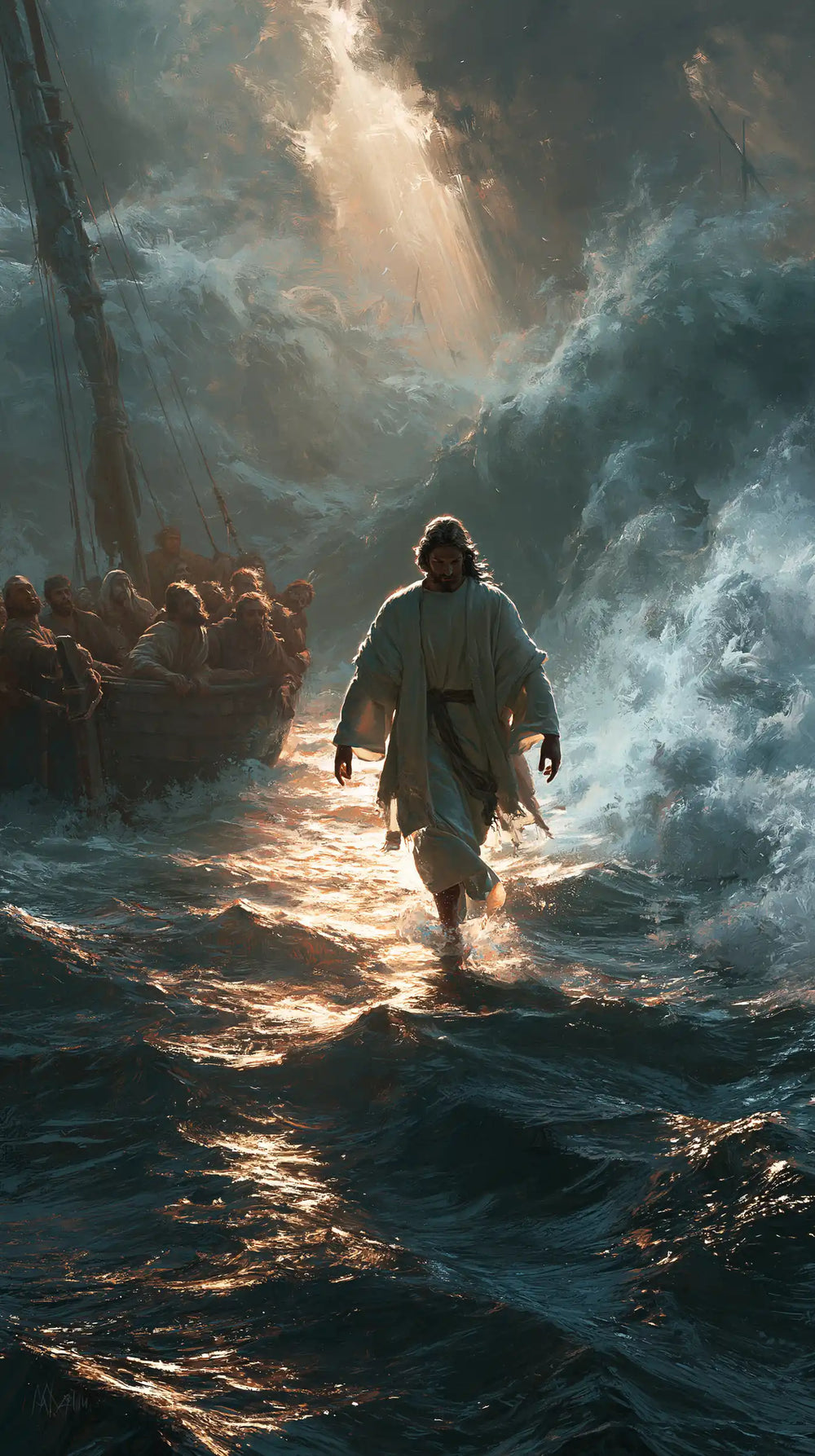 Jesus walking on water in Explosion of Movement style, portrait Christian artwork no. 30