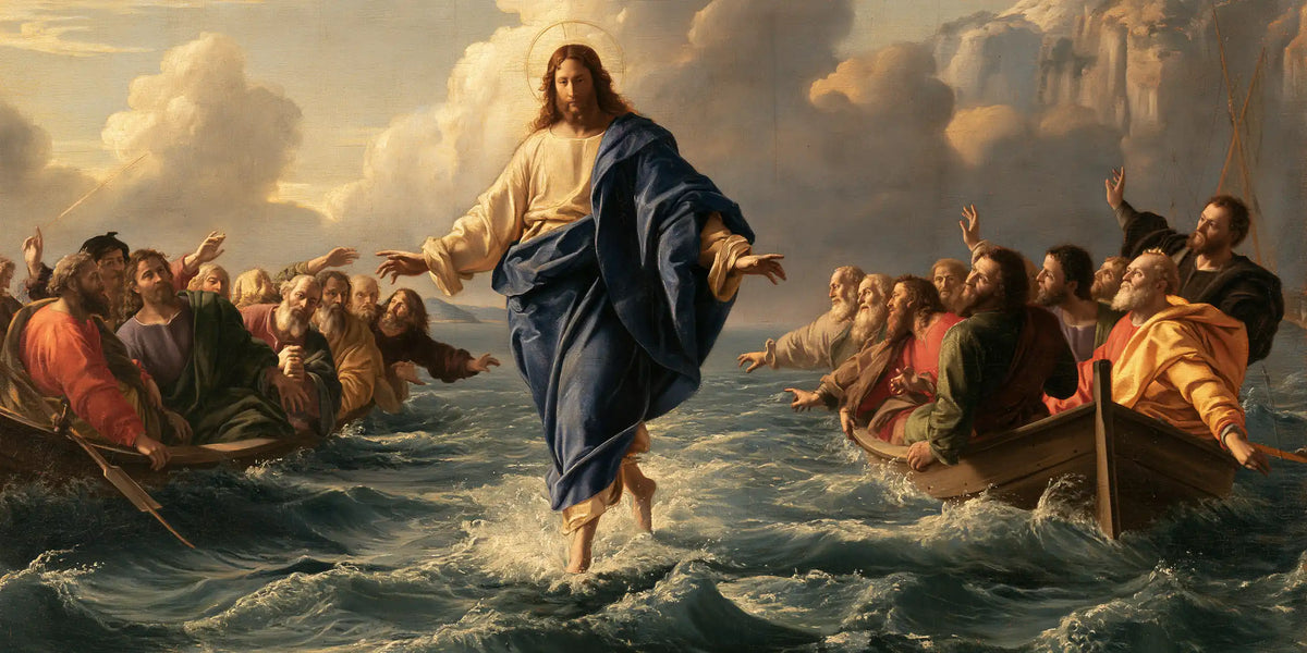 Jesus walking on water in Florentine Renaissance style, landscape Christian artwork no. 30