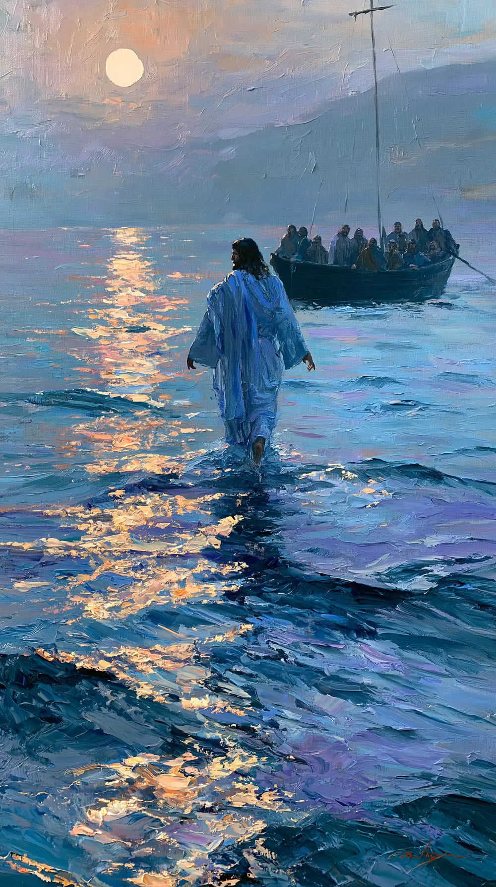 Jesus walking on water in Impressionist style, portrait Christian artwork no. 24
