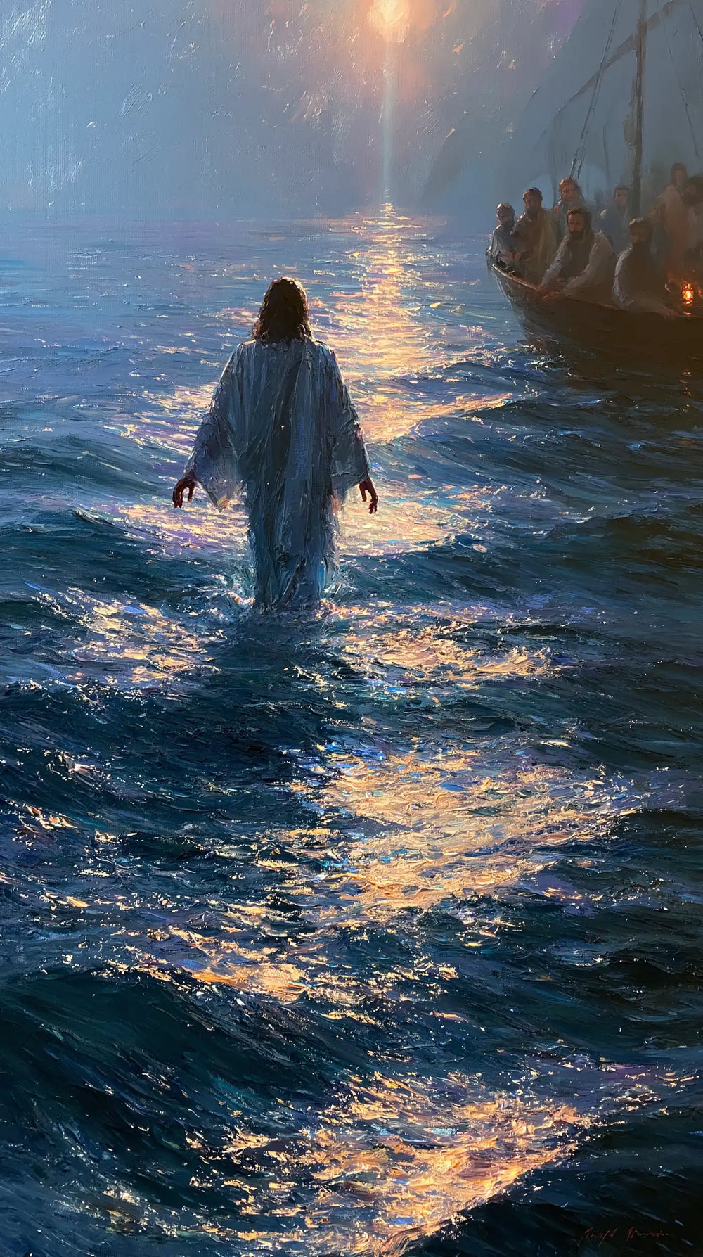 Jesus walking on water in Impressionist style, portrait Christian artwork no. 25