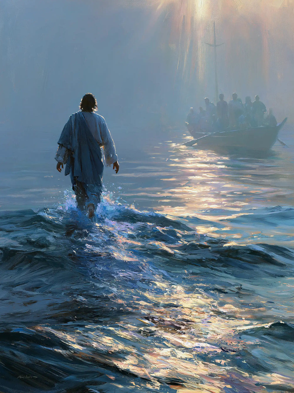 Jesus walking on water in Impressionist style, portrait Christian artwork no. 26