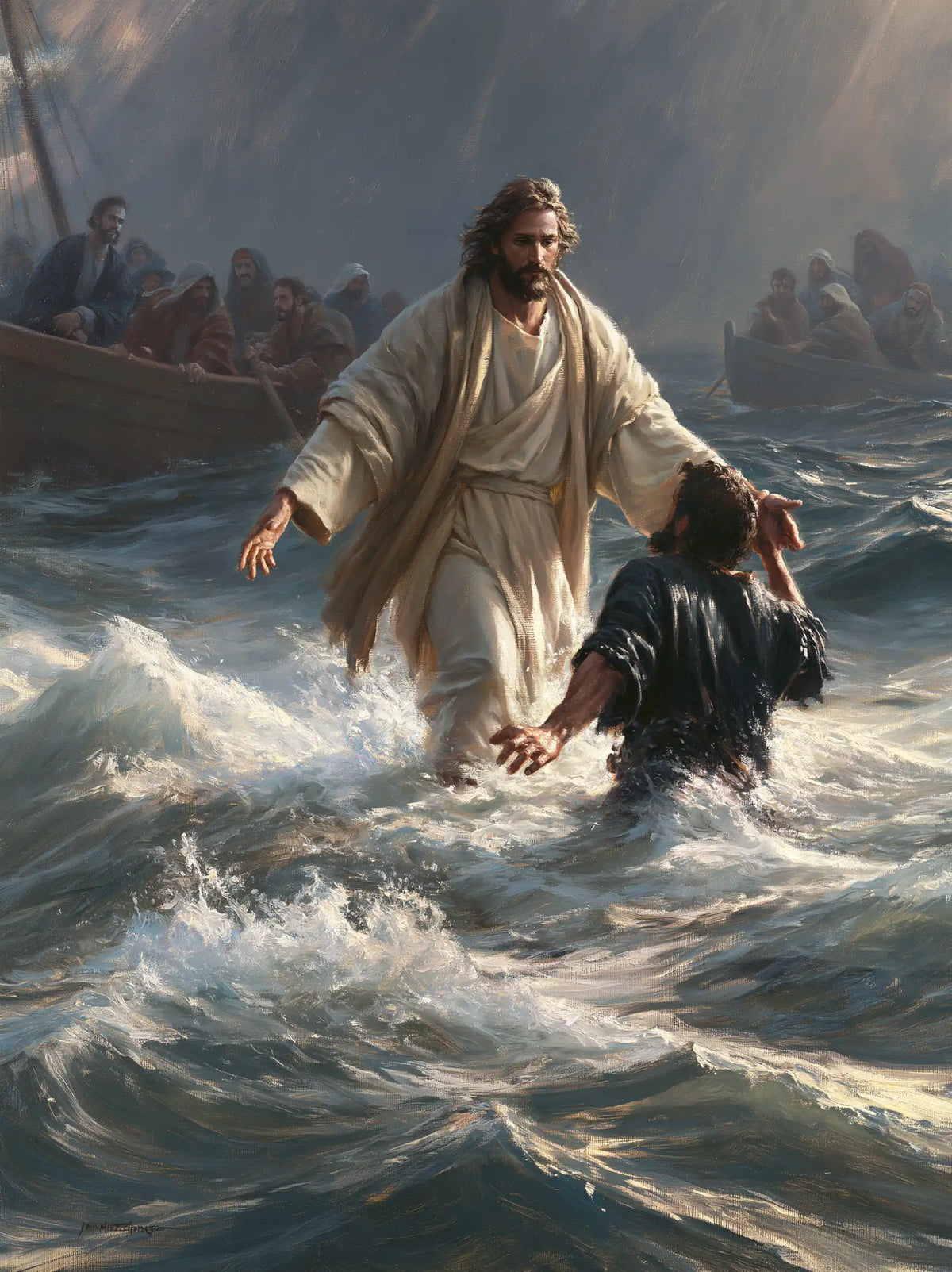 Jesus walking on water and saving Peter in Jesus Saves Peter style, portrait Christian artwork no. 19