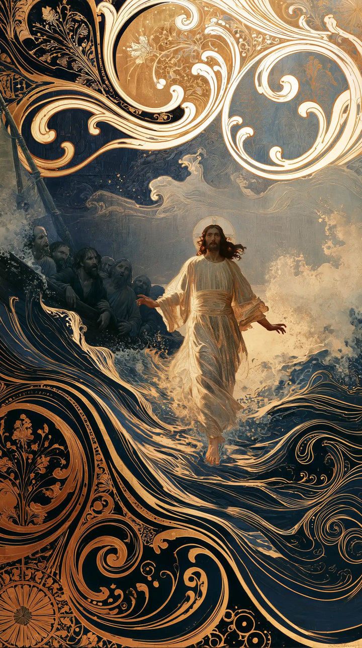 Jesus Walking on Water — The Apparition beneath Suspended Scrolls