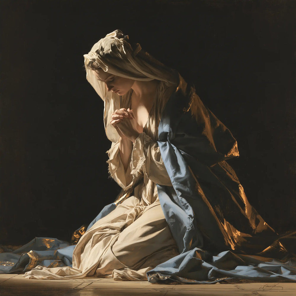 the Virgin Mary in prayer in Black and Gold style, square Christian artwork no. 1