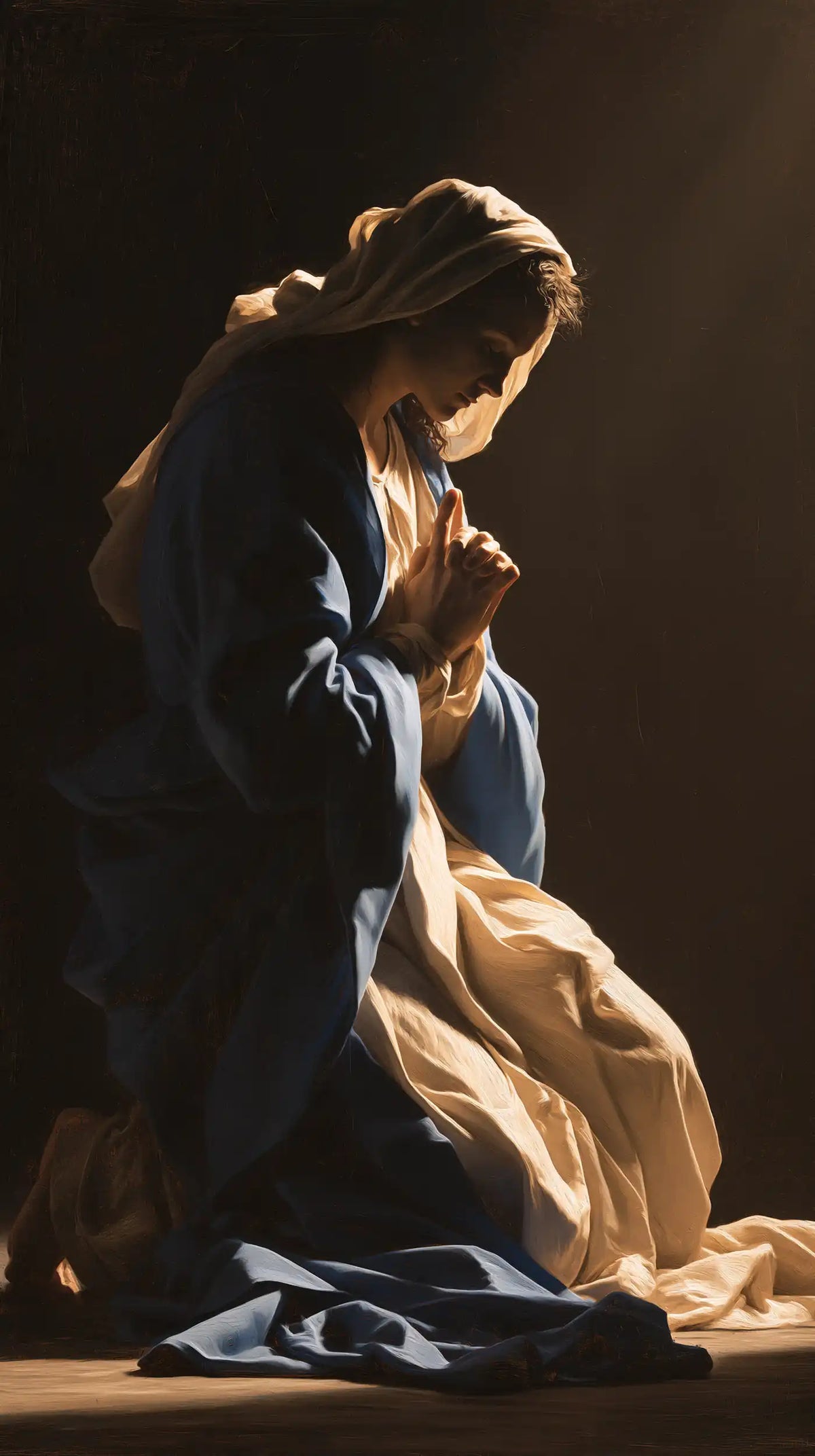 Virgin Mary in Prayer — A Profile Edged in Warm Light