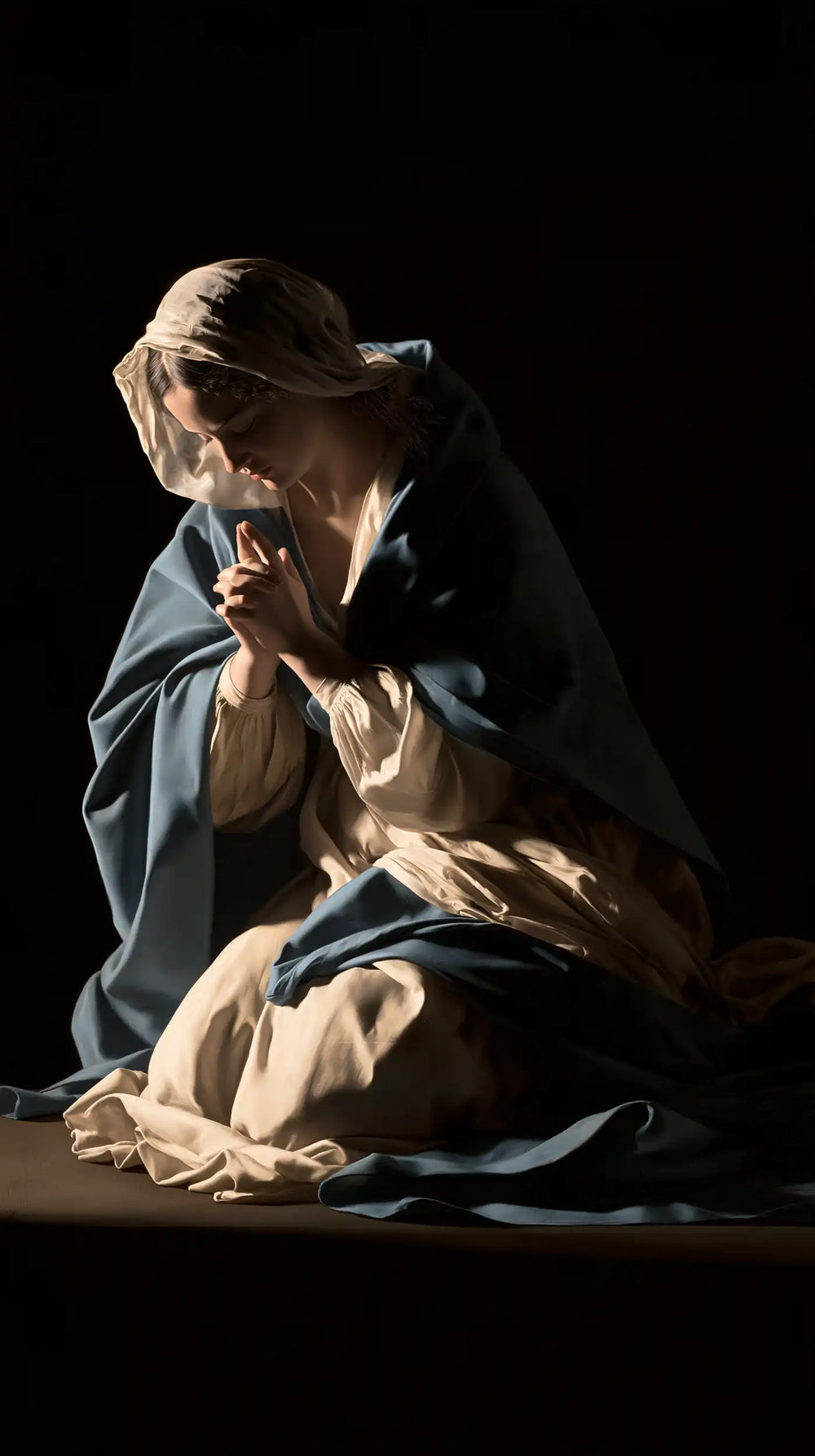 the Virgin Mary in prayer in Caravaggio Tenebrism style, portrait Christian artwork no. 18