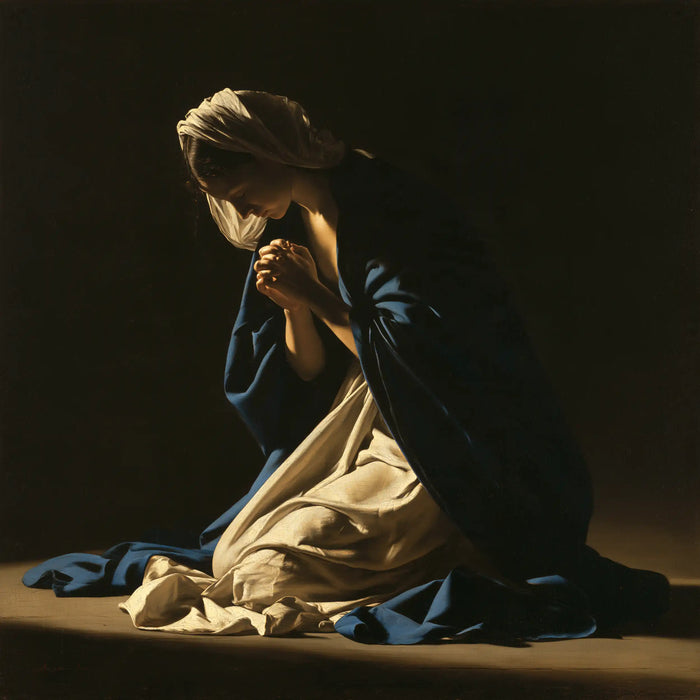 Virgin Mary in Prayer — The Quiet Gold of Interlaced Fingers