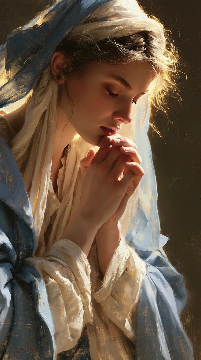 Virgin Mary in Prayer — The Thread of Light in Her Hair