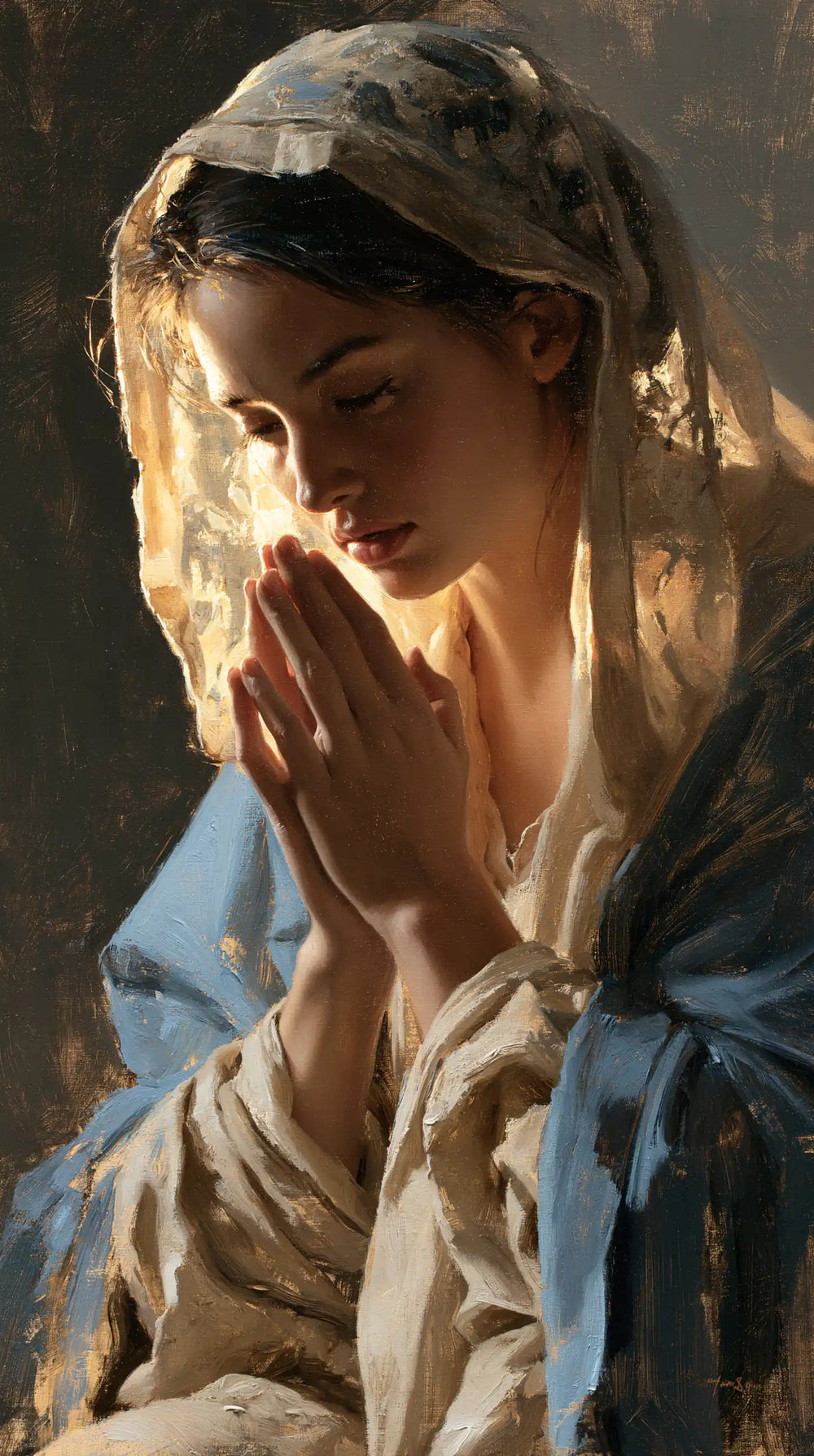the Virgin Mary in a contemplative close-up in Contemplative Close-Up style, portrait Christian artwork no. 3