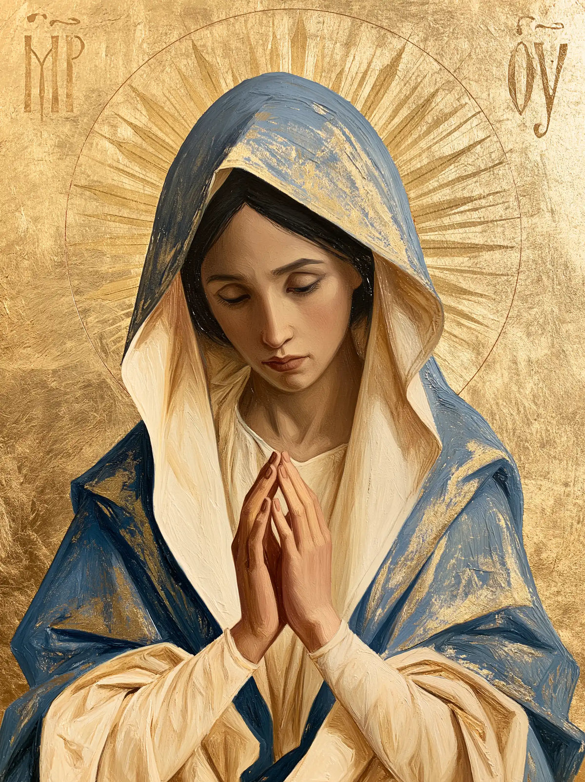 the Virgin Mary in prayer in Contemporary Byzantine style, portrait Christian artwork no. 33