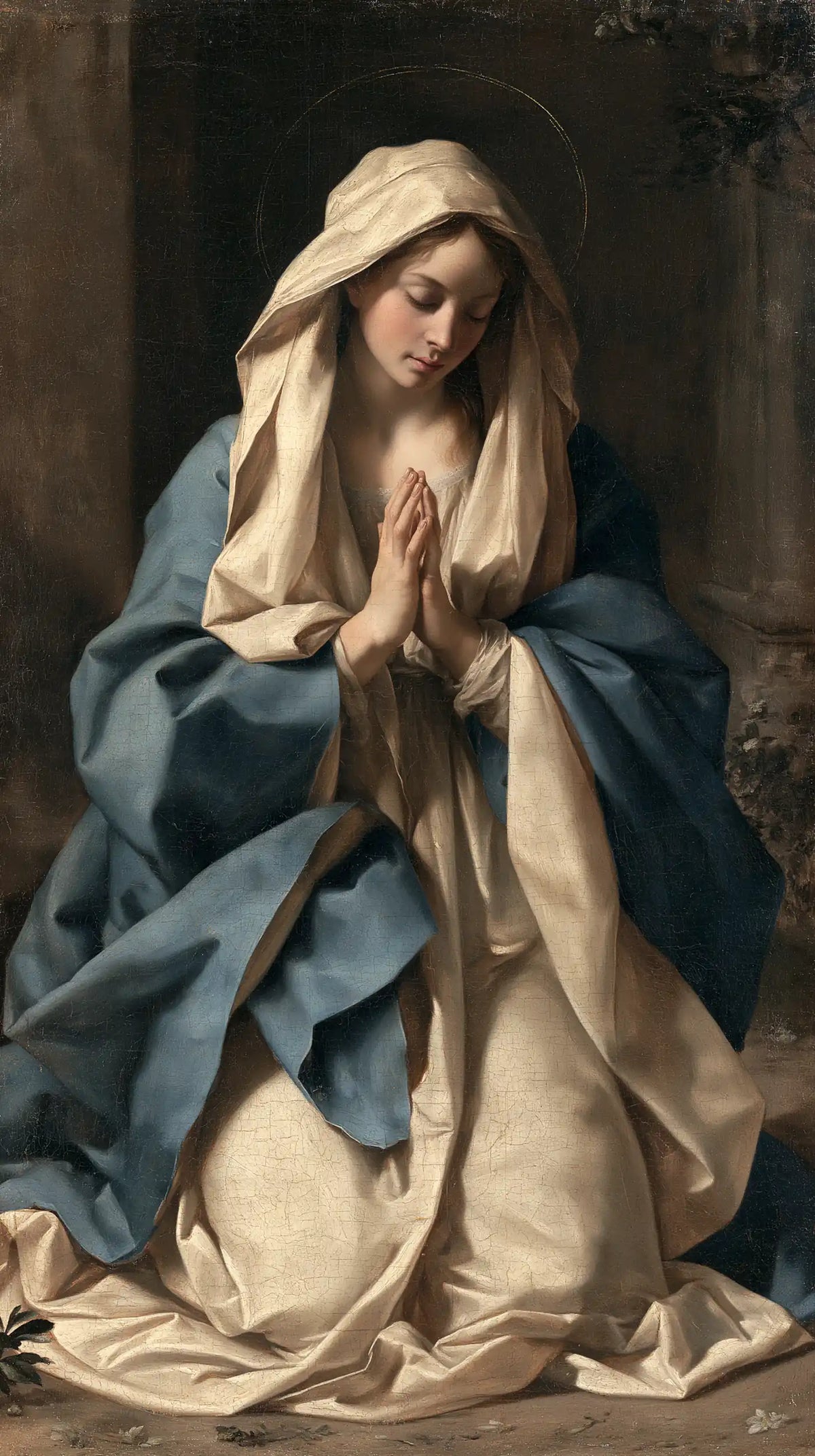 Virgin Mary in Prayer — The Pale Veil between Azure Folds