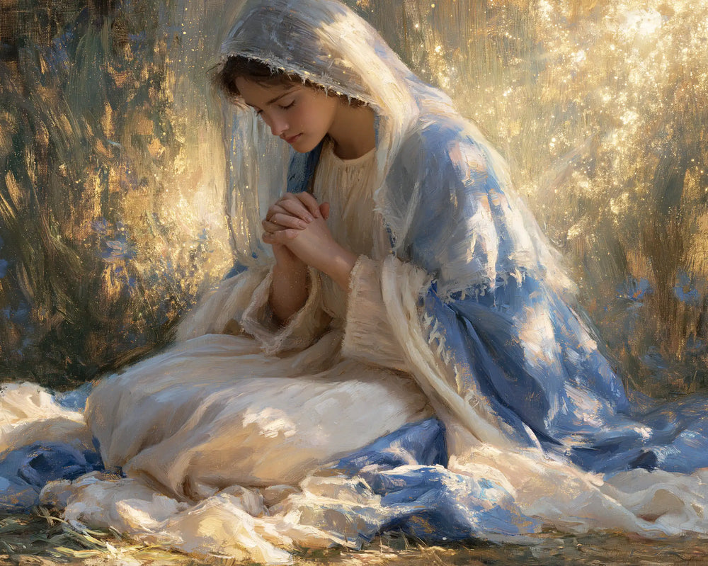 the Virgin Mary in prayer in Impressionist style, landscape Christian artwork no. 3