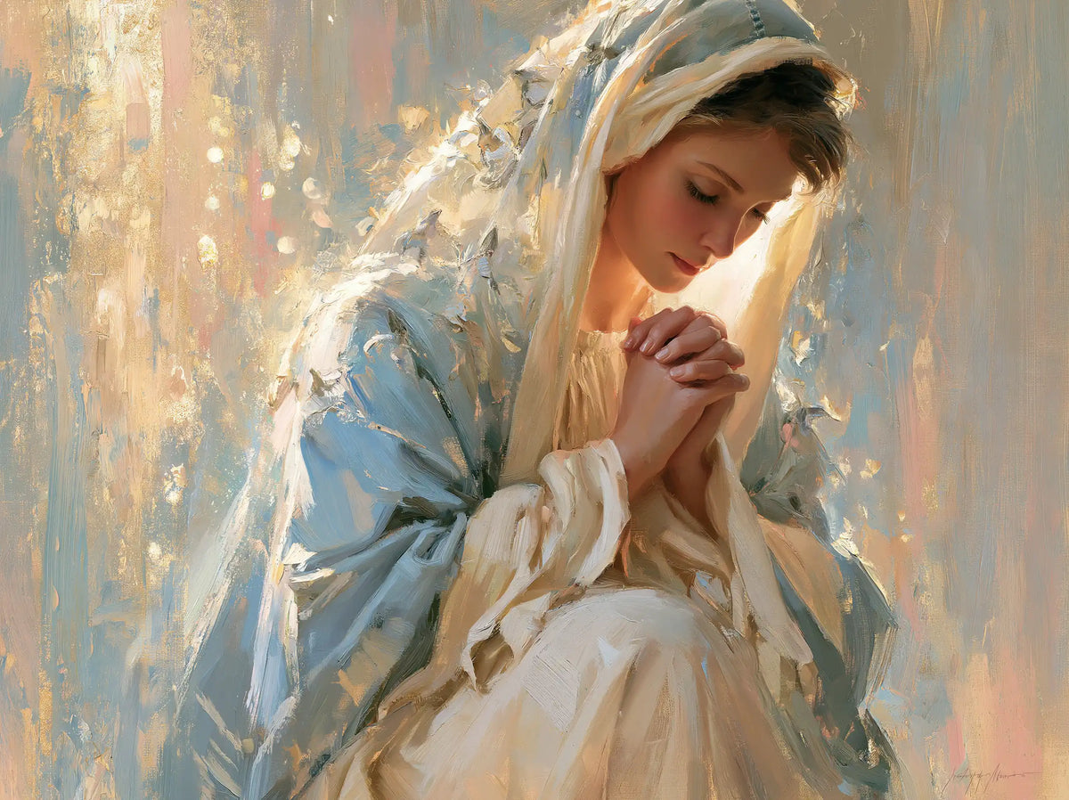 the Virgin Mary in prayer in Impressionist style, landscape Christian artwork no. 5