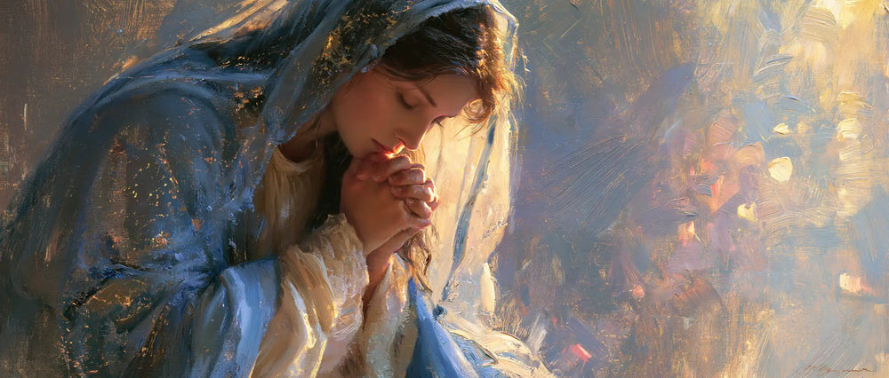 the Virgin Mary in prayer in Impressionist style, landscape Christian artwork no. 19