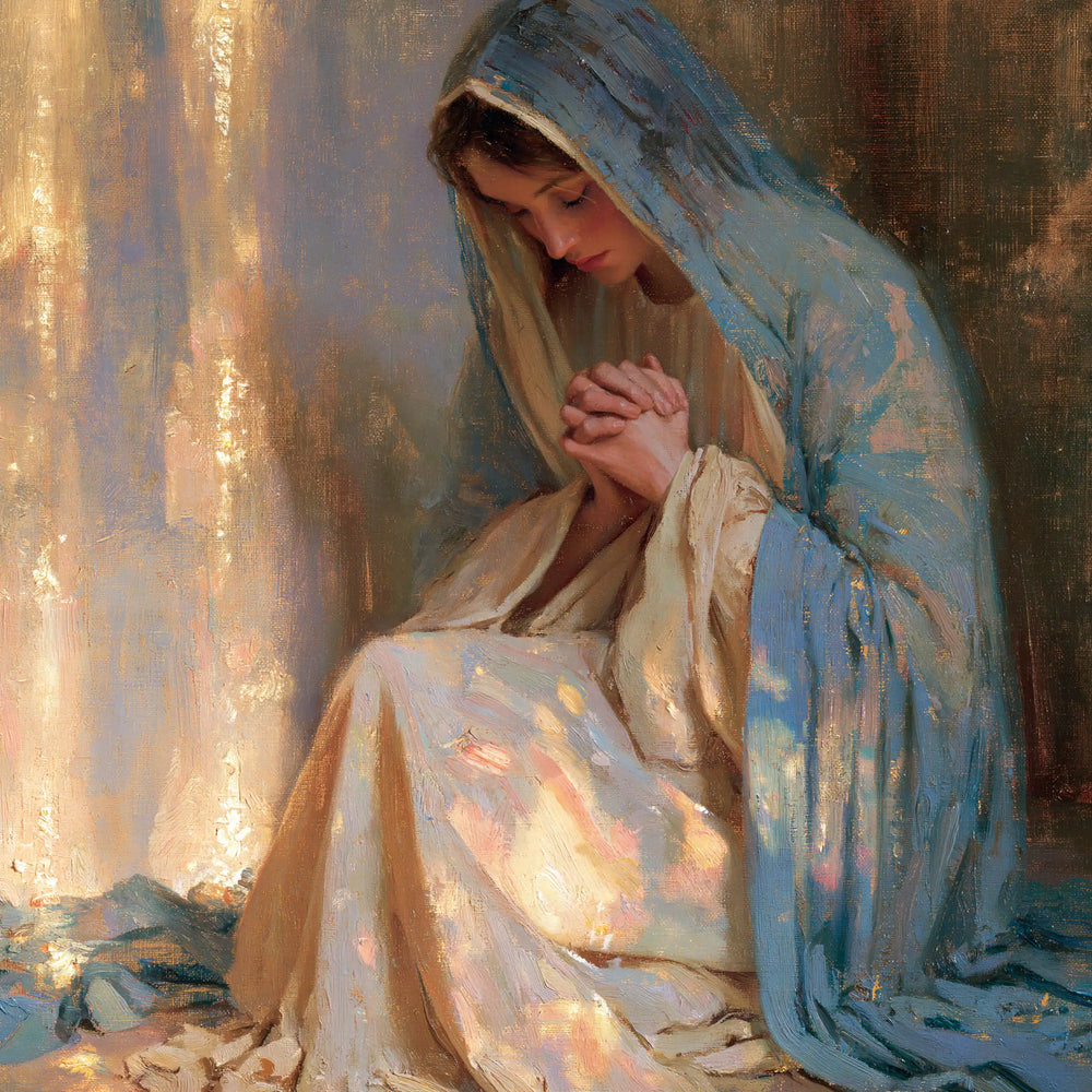 the Virgin Mary in prayer in Impressionist style, square Christian artwork no. 1
