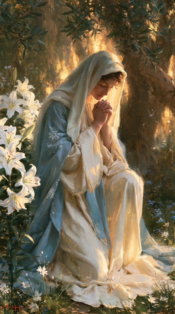 Virgin Mary in Prayer — The Veil in the Lily Garden