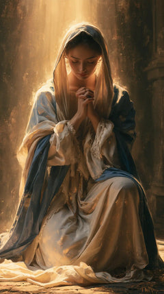 Virgin Mary in Prayer — Gold behind Brown Strands