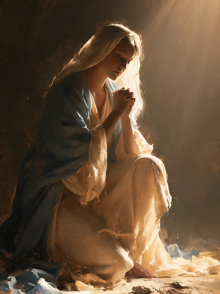 Virgin Mary in Prayer — Prayer beneath the Sunlit Diagonal