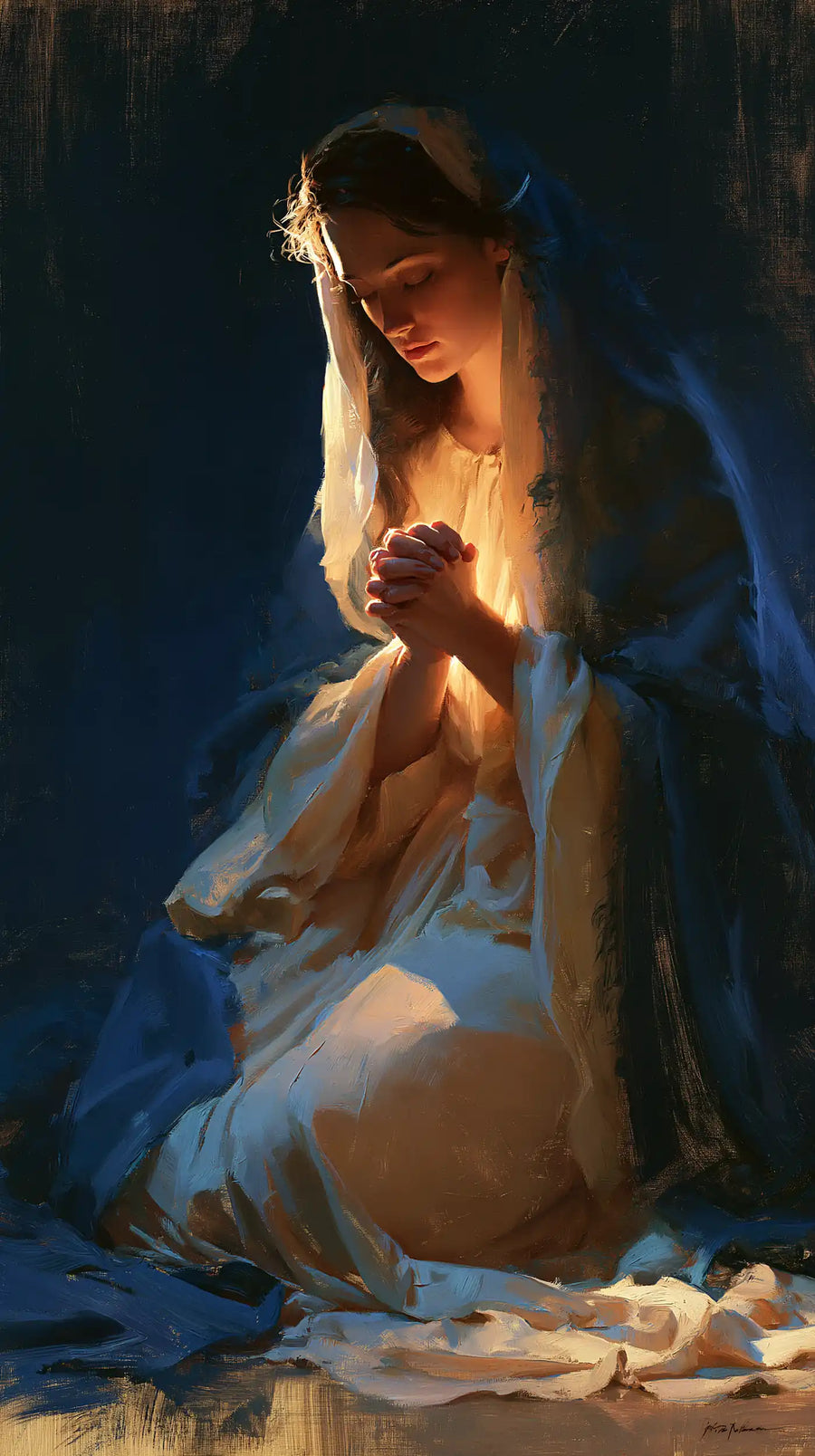 Virgin Mary in Prayer - Midnight Blue Chiaroscuro · Portrait n° 2