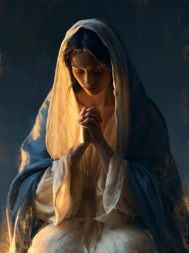 Virgin Mary in Prayer — The Inner Gold of the Blue Veil