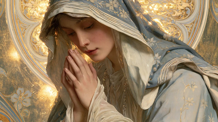 Virgin Mary in Prayer — Palms before the Ornate Circle