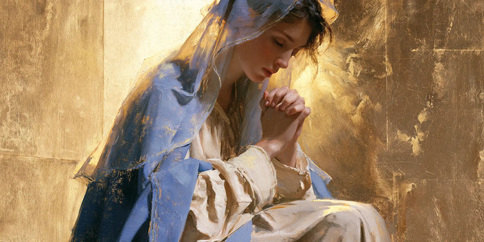 Virgin Mary in Prayer — Periwinkle Blue in Gold