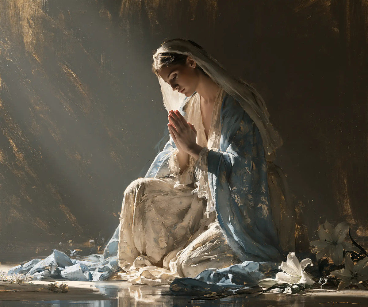 Virgin Mary in Prayer — The Reflection of Lilies in Silence