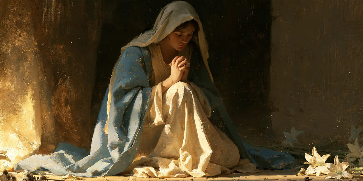 Virgin Mary in Prayer — The Pale Knee in the Dark Doorway