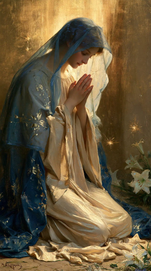 Virgin Mary in Prayer — The Spark in the Blue Mantle