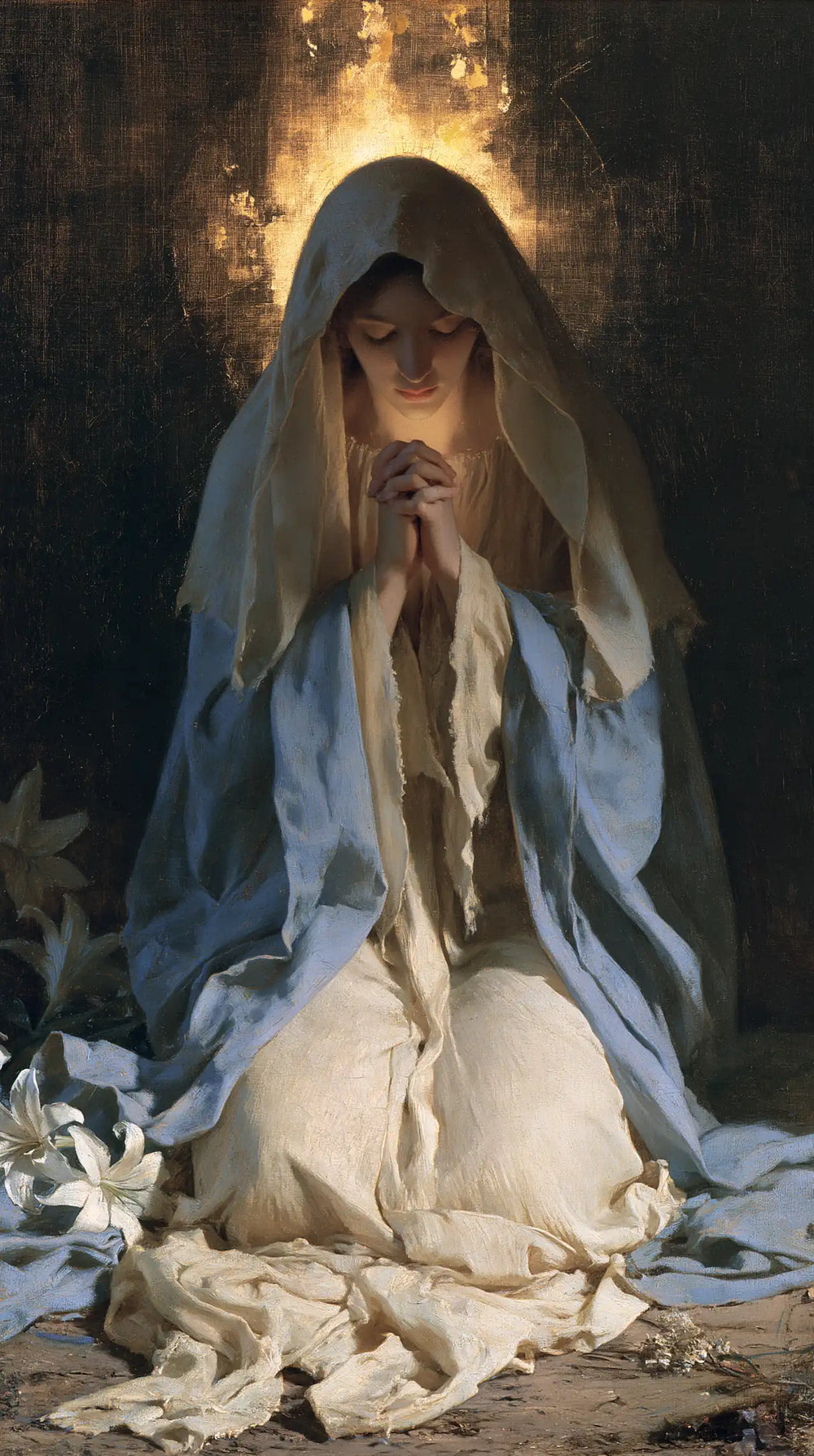 the Virgin Mary in prayer in Symbolist style, portrait Christian artwork no. 31