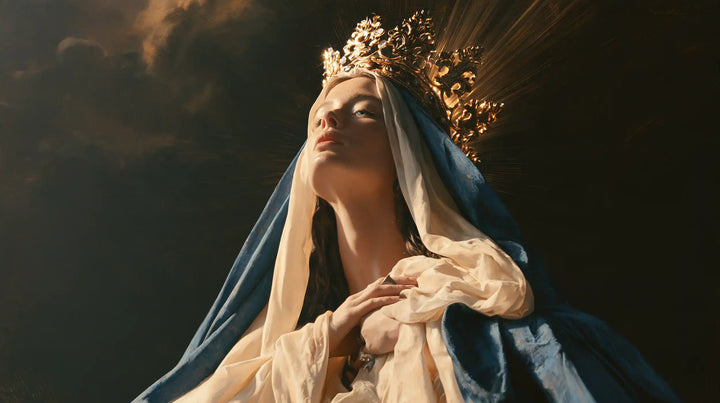 Mary, Queen of Heaven — Closed Eyelids Beneath the Royal Gleam