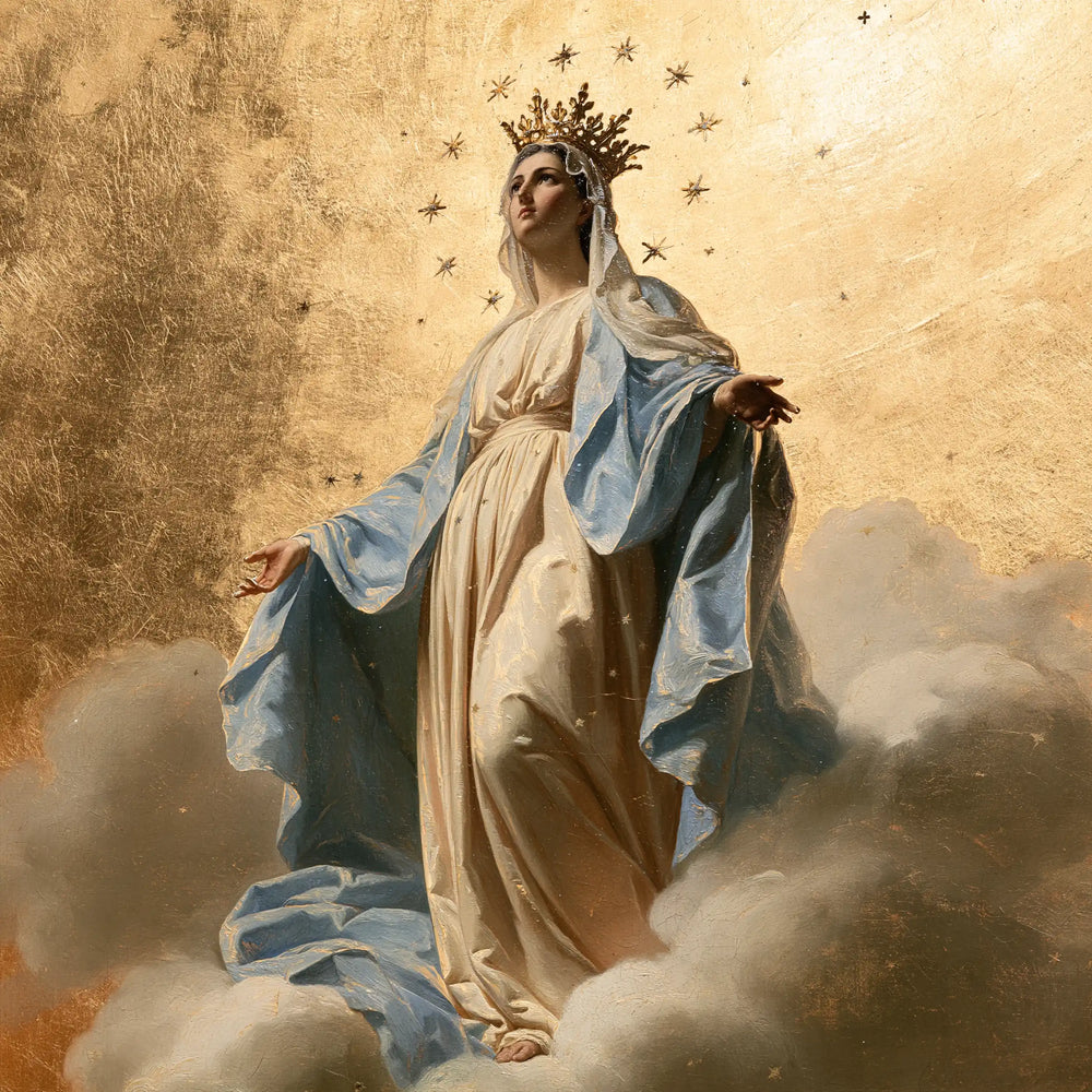 Mary crowned as Queen of Heaven in Sacred Gold style, square Christian artwork no. 4