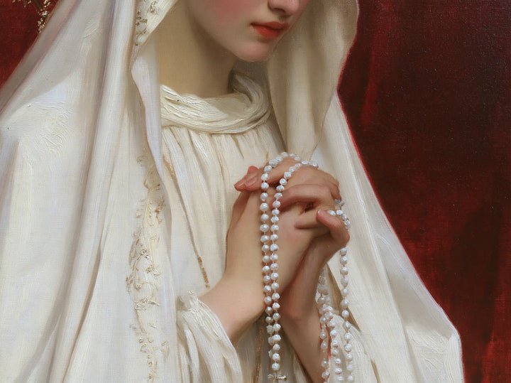 Our Lady of Fatima – Hands and Pearls Before Red