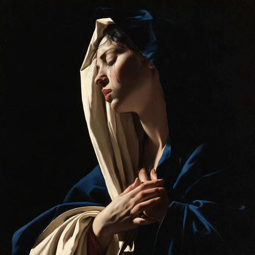 Our Lady of Sorrows in dramatic chiaroscuro in Caravaggio Tenebrism style, square Christian artwork no. 8