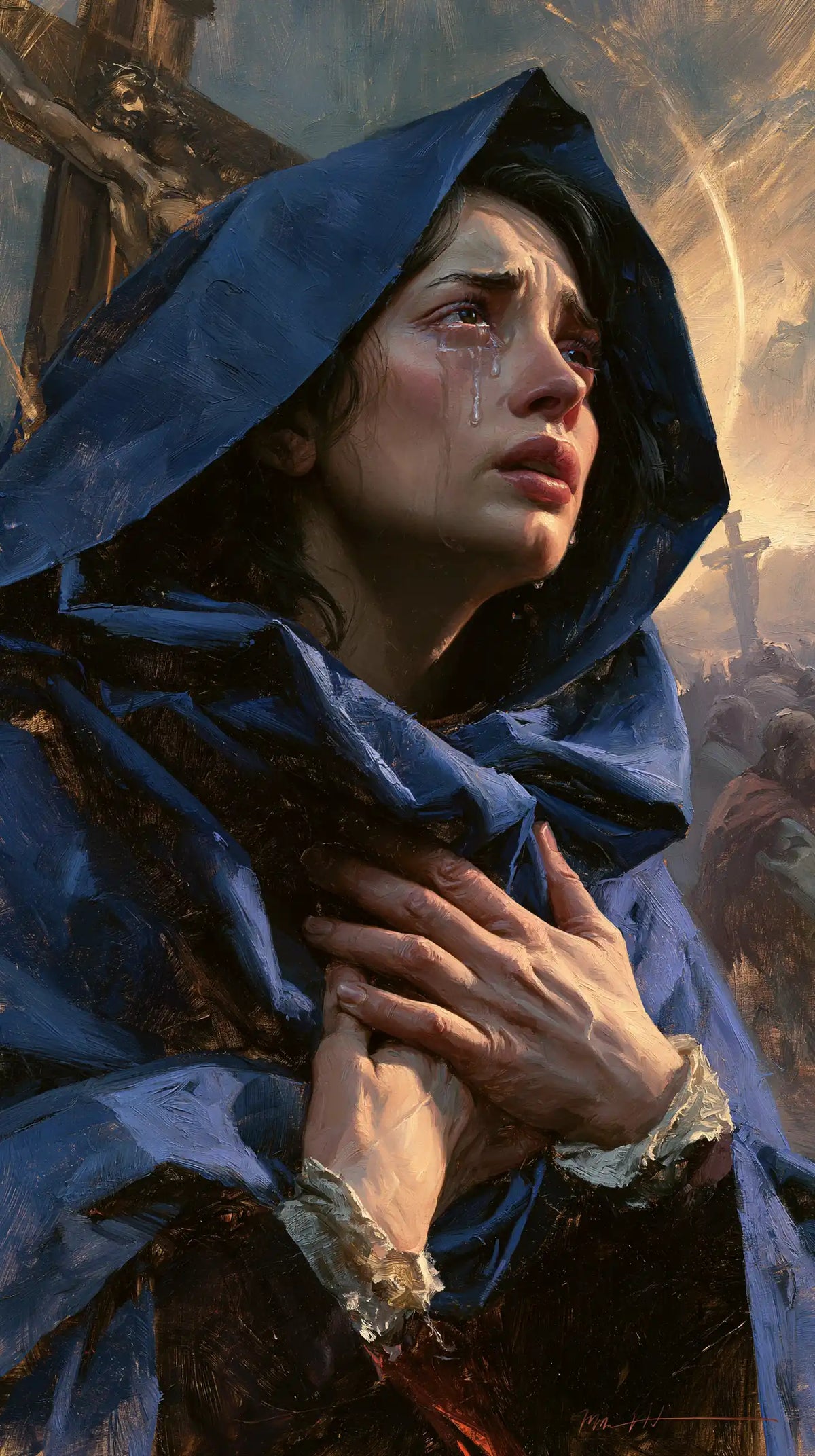 Mary experiencing profound maternal sorrow in Profound Maternal Sorrow style, portrait Christian artwork no. 10