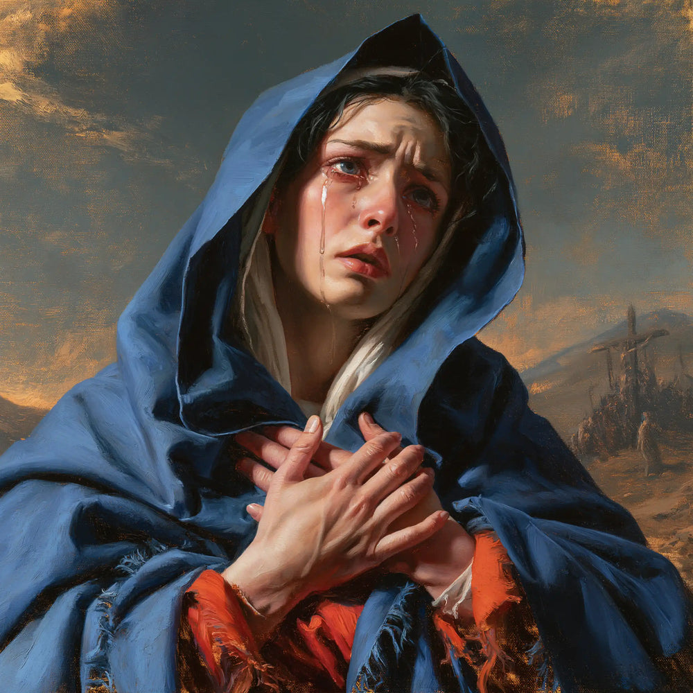 Mary experiencing profound maternal sorrow in Profound Maternal Sorrow style, square Christian artwork no. 7