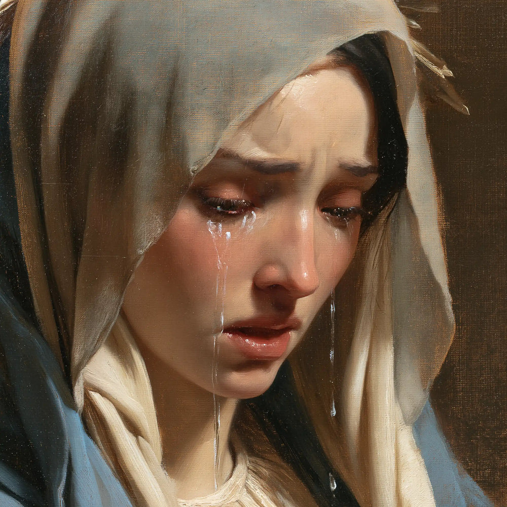 a close portrait of Our Lady of Sorrows in Psychological Close-Up style, square Christian artwork no. 8