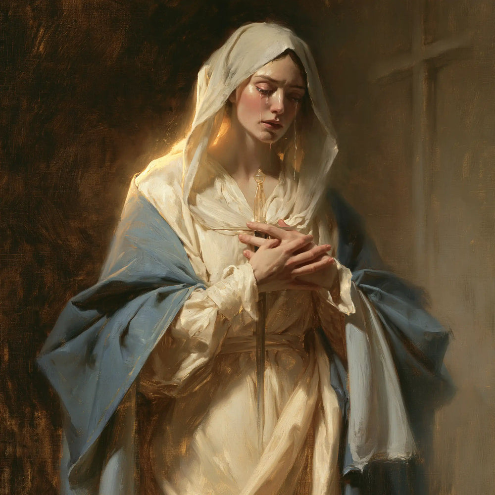 Our Lady of Sorrows with the Sword of Simeon in The Sword of Simeon style, square Christian artwork no. 9