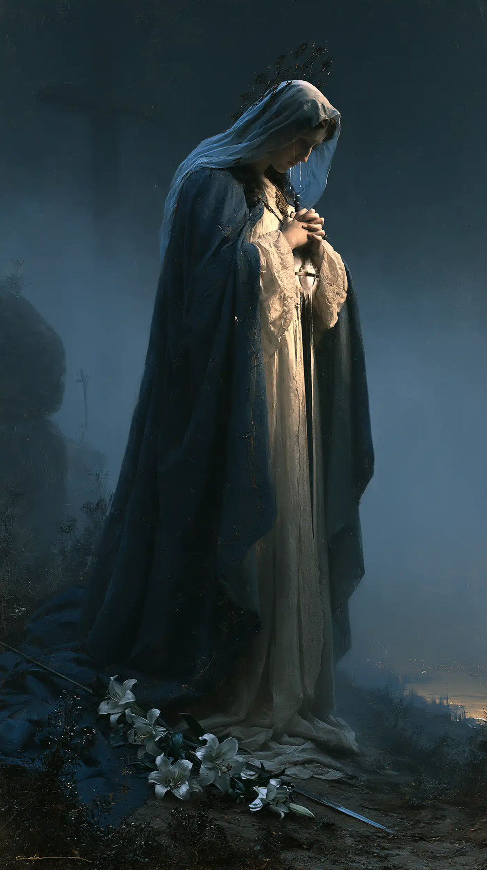 Our Lady of Sorrows in a symbolist composition in Symbolist style, portrait Christian artwork no. 3