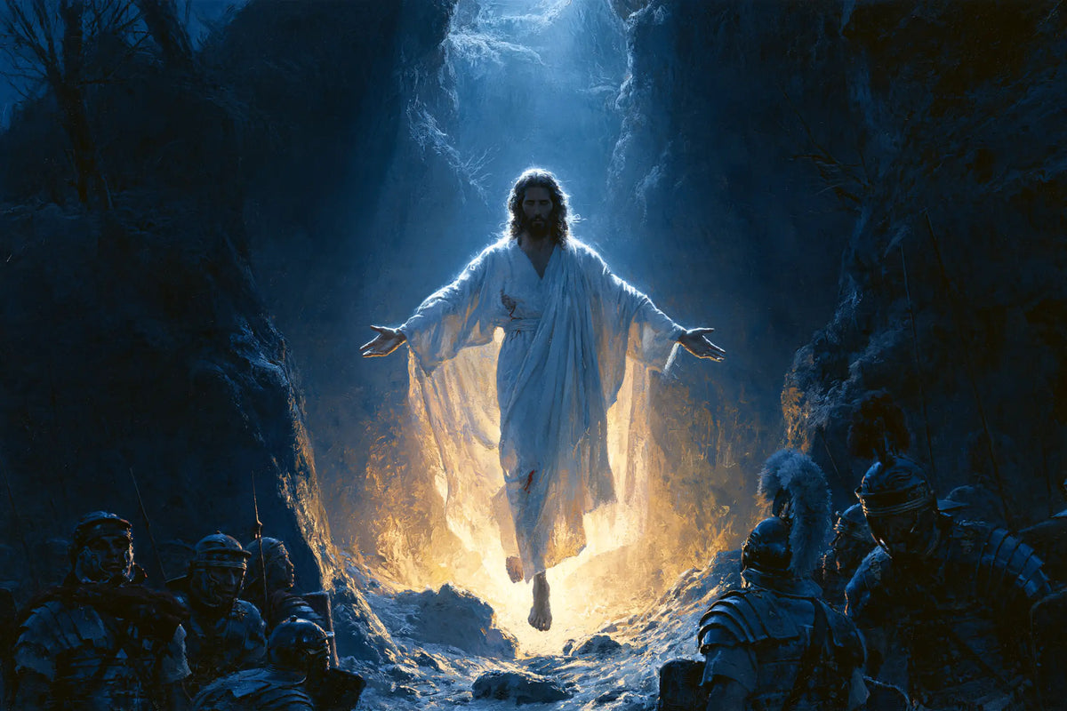 Resurrection of Jesus Christ in Midnight-blue Chiaroscuro style, landscape Christian artwork no. 13