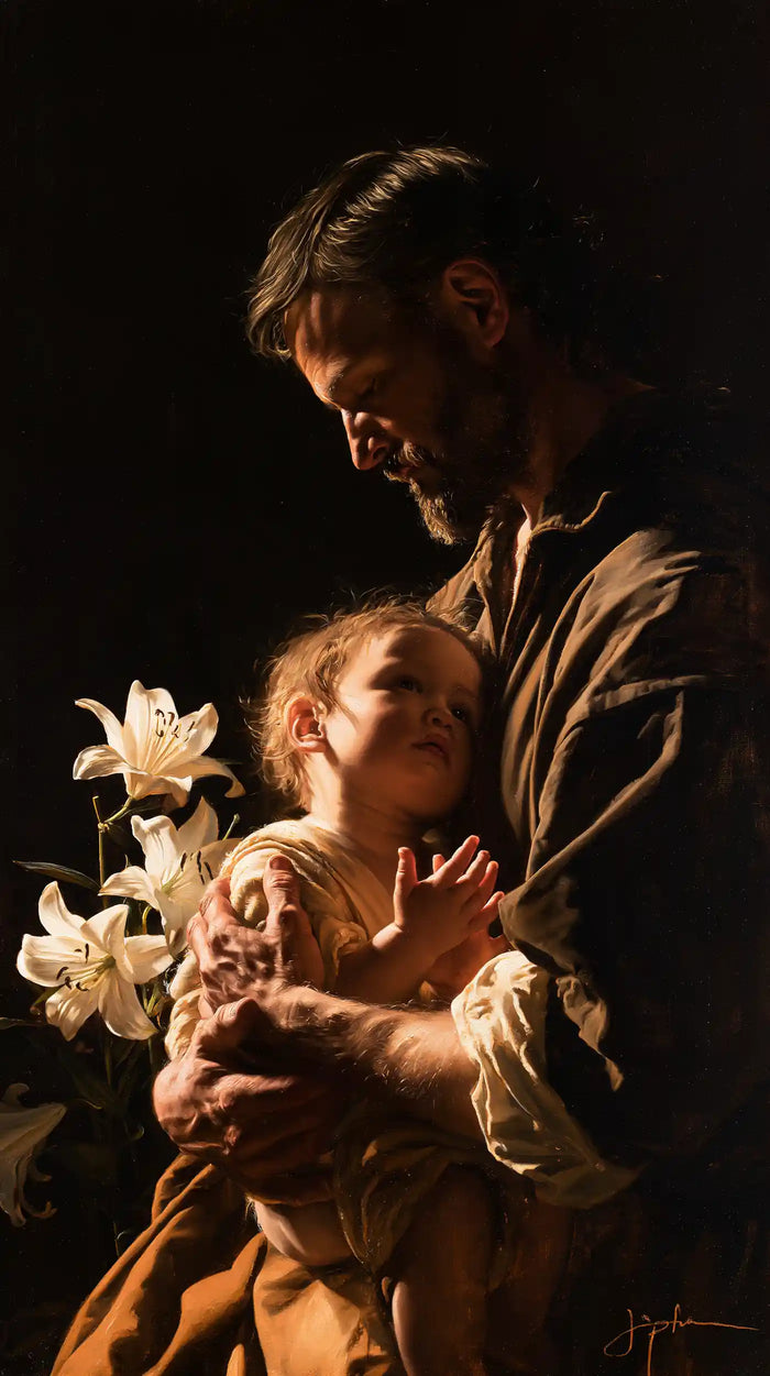 Saint Joseph with the Child Jesus – Caravaggio Tenebrism · Portrait no. 3