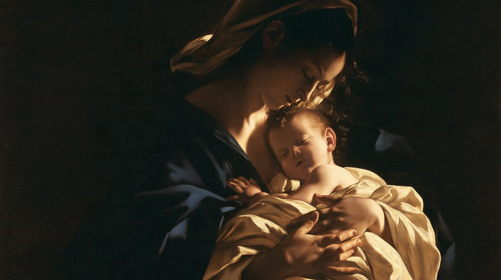 the Virgin Mary holding the Child Jesus in Caravaggio Tenebrism style, landscape Christian artwork no. 7
