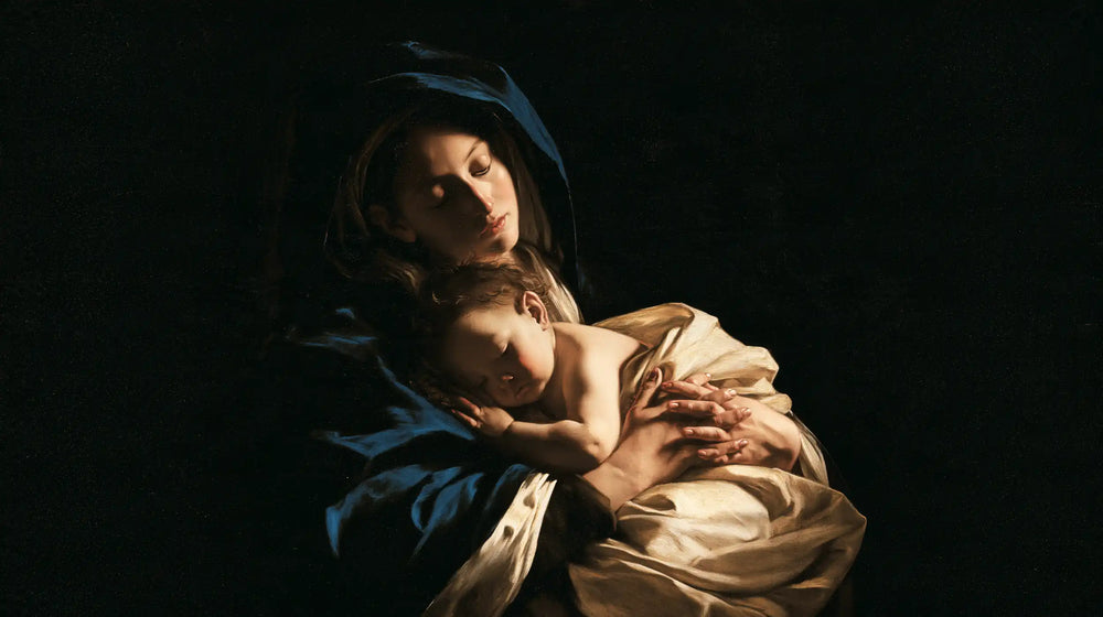 the Virgin Mary holding the Child Jesus in Caravaggio Tenebrism style, landscape Christian artwork no. 12